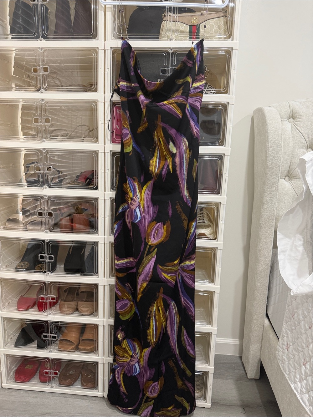 Fashion Nova Black Maxi Dress with Purple and Gold Floral Print